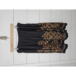 Trevan Size 10 black with brown & cream detailed midi skirt. Cotton & silk.